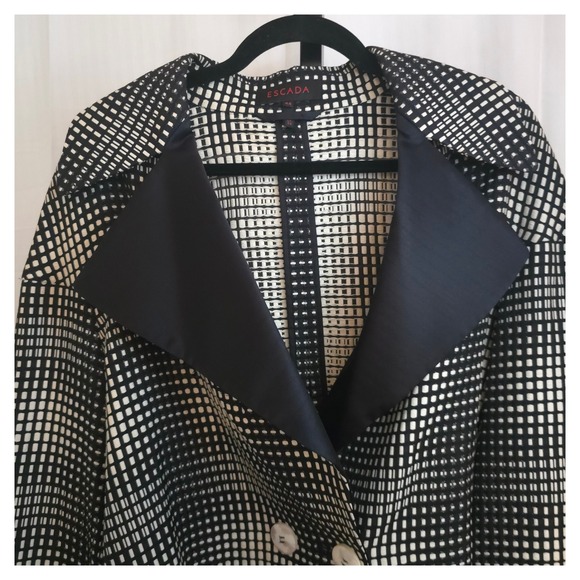 Escada‎ Silk Lapel Boxy Woven Jacket EU 44 US 12 Belt Loops No Belt Black White - Picture 8 of 16